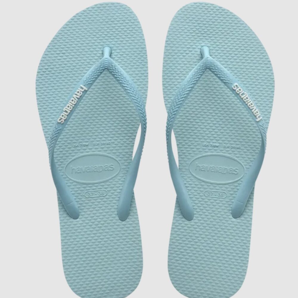 New Brazil Made Havaianas  Slim Logo Pop Up Flip Flops Light Blue 37 8